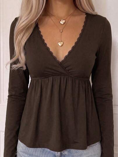SCARLUX Autumn/Winter Y2K Women's Brown V-Neck Long Sleeve Knit Top, Suitable For Back To School, Street, Commute And Home Comfort Wear