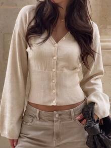 Cardigan court en tricot blanc à col V et taille cintrée pour femmes Live To Mo, pull ajusté à manches longues évasées, convient pour l'automne, la rentrée scolaire et les sorties décontractées quotidiennes - Kaki - Voir 10