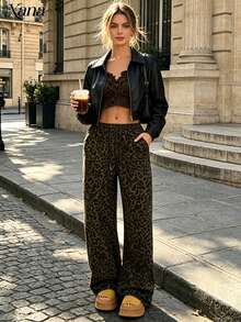 Retro Leopard Print Waist Drawstring Elastic Waist High Waist Wide Leg Straight Trousers Spring And Autumn American Hot Girl Street Style Casual Pants - Multicolor - View 1