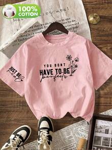 Women's Casual Minimalist Line Floral Print Round Neck Short Sleeve T-Shirt Top For Spring/Autumn/Summer - Pink - View 1
