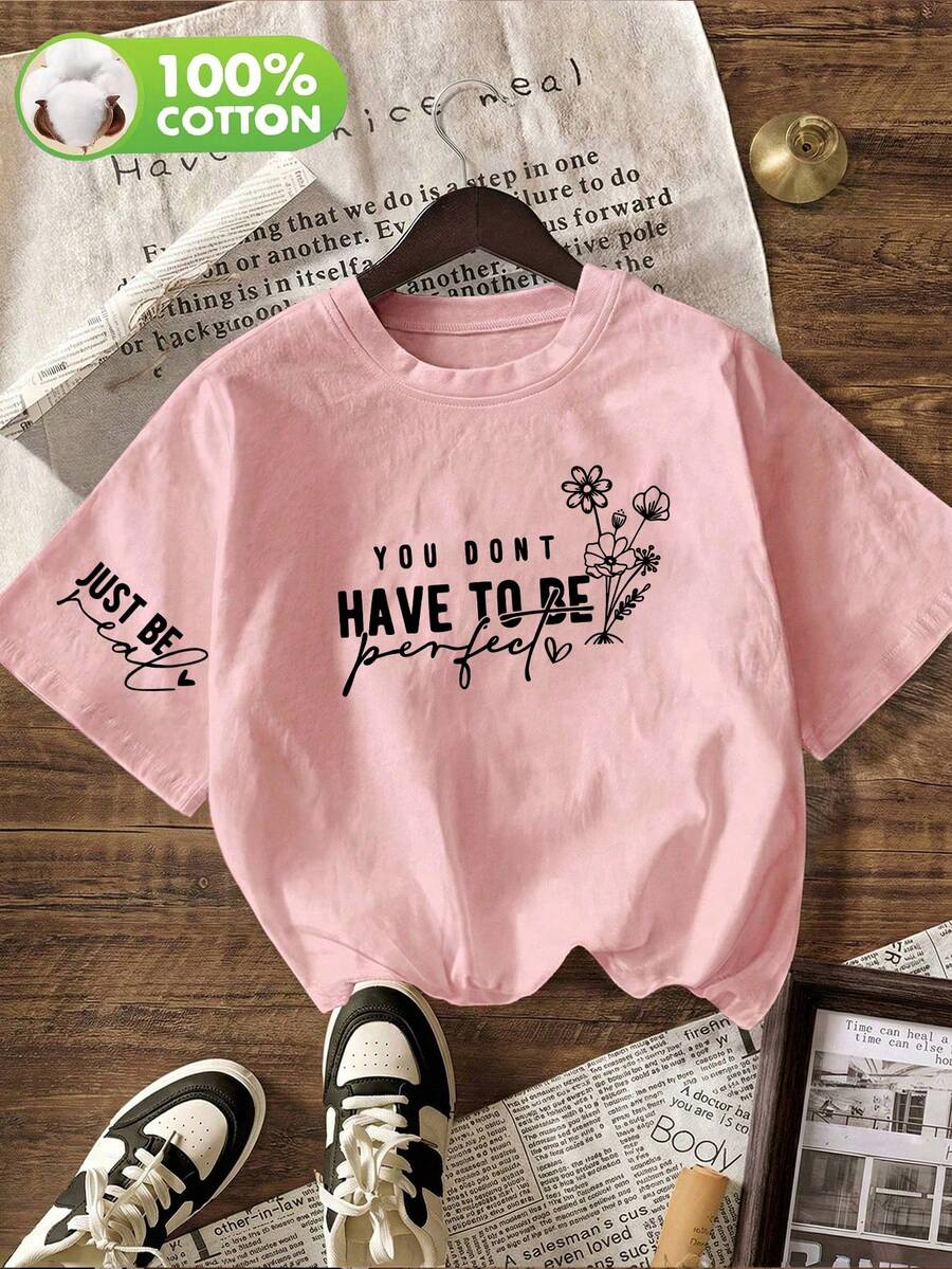 Women's Casual Minimalist Line Floral Print Round Neck Short Sleeve T-Shirt Top For Spring/Autumn/Summer - Pink - View 1