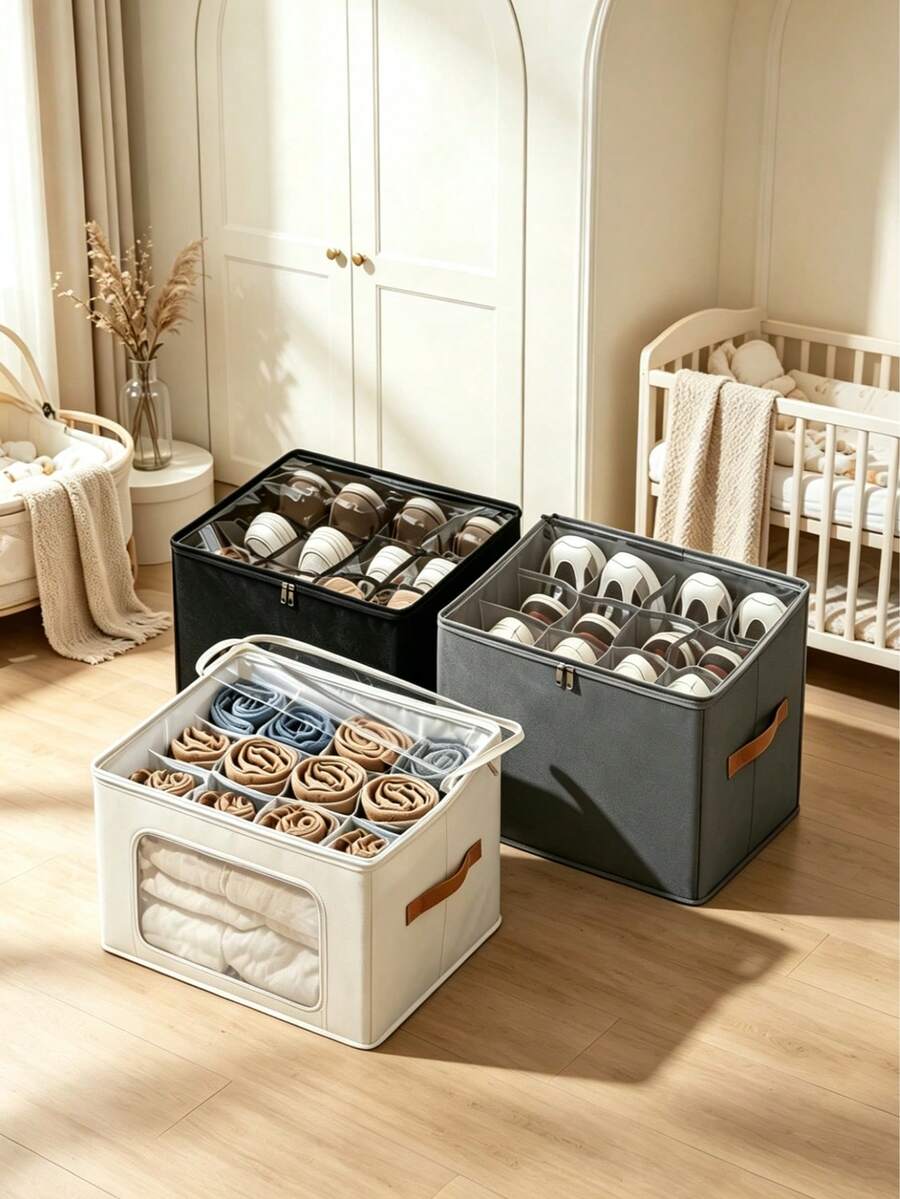 1pc Foldable Fabric Shoe Box With Transparent Lid, Divided Storage Bin, Dust-Proof And Moisture-Proof, Large Capacity Multi-Functional Organizer Basket For Home - Multicolor - View 1