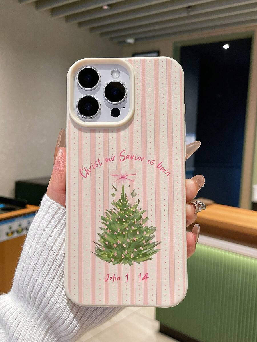 Christmas Tree Bow Pink Striped English Bible Verse Print Large Window Phone Case, Cover, INS Style Faux Leather Texture Full Coverage Soft Shell, Ideal Gift For Christmas, New Year, Birthday, Compatible With IPhone Case & Galaxy Case, Fits 12/13/13 Pro Max/14 Pro/15/15 Pro Max/16/16 Plus/16 Pro Max/17/17 Pro/18 Pro/18 Pro Max, S25 Ultra/S26 Ultra, Fast Shipping - White - View 1