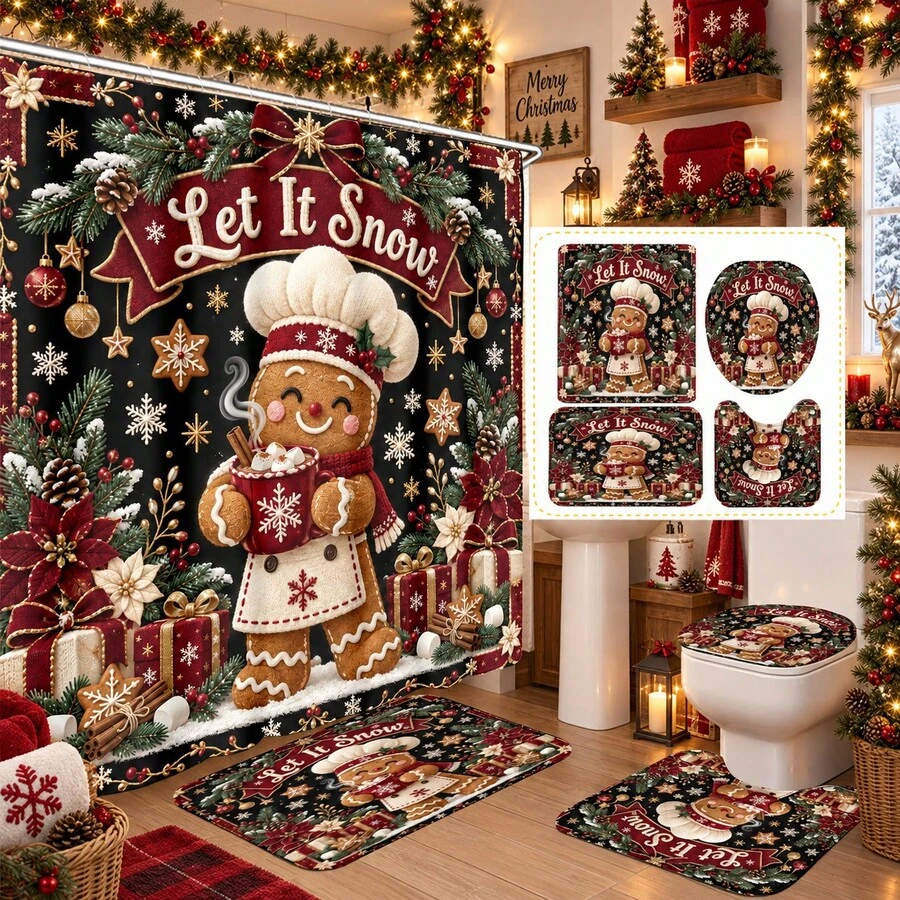 1pc/4pcs Chef Gingerbread Man Pattern Multi-Function Bathroom Decor Shower Curtain Set, Free 12 Hooks, Premium Holiday Atmosphere, Bathroom Mat, U-Shaped Floor Mat And Round Toilet Lid Cover, Suitable For All Occasions Decoration, Bathroom Set - Chef Gingerbread Man - View 1