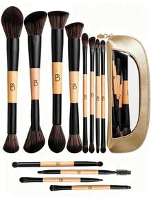 BS-MALL Vegan Dual-Ended Makeup Brush Set 12pcs Foundation Contour Blush Highlighter Blending Eyebrow Brushes - Ginger - View 1