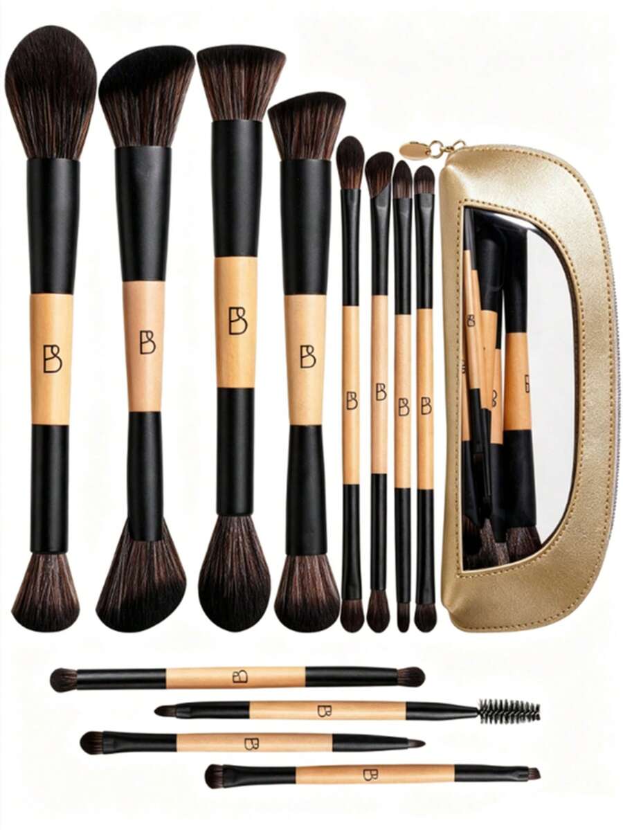 BS-MALL Vegan Dual-Ended Makeup Brush Set 12pcs Foundation Contour Blush Highlighter Blending Eyebrow Brushes - Ginger - View 1