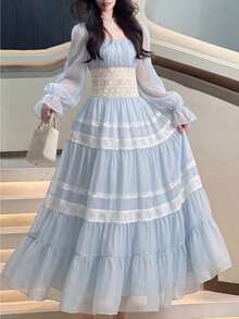 Elegant Lace Square Collar Evening Party Dress Women Autumn New Long Sleeve Ruffle Modest Wedding Graduation Prom Dresses Vintage Festival Outfit - Baby Blue - View 2