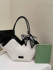 Shoulder Bag, Vertical Striped Body With Contrast Color Trim, Handheld Long Strap Design, Decorated With Silk Scarf Bow, Spacious Interior, Unique And Minimalist Style, Versatile For Commuting And Travel - White - View 6