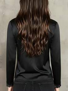 Women's Loose Elegant Solid Color Lace Top, Hollow Floral Lace Design - Black - View 4