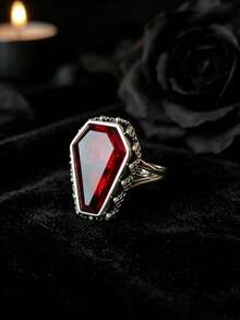 1pc Retro Imitate Garnet Coffin Shape Silver Color Ring For Women Unique Boho Silvery Color Ring Punk Gothic Halloween Party Jewelry Gift For Her - Ring 1 - View 7