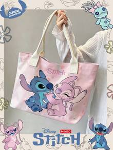 Miniso Disney Stitch & Angel 粉色紮染帆布托特包，休閒手提肩背包，適合日常使用 - 白色 - 查看 3