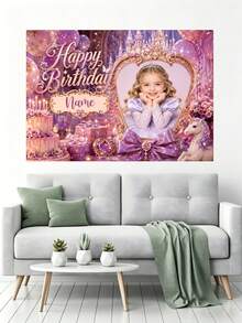 Latar Belakang Foto & Nama Kustom Kastil Berkilau Ungu untuk Ulang Tahun dengan Unicorn, Kotak Hadiah, Cermin Ajaib, Balon, Kue, Desain Bunga, Cocok untuk Pesta Ulang Tahun Bertema Putri, Dekorasi Latar Belakang Foto untuk Acara Cake Smash, Banner Vinyl Fotografi - Purple - View 6