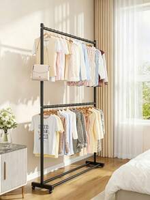 Double-Tier Movable Clothes Rack With Thickened 25mm Tubes For Strong Load-Bearing Capacity, Equipped With Universal Casters, Available In Black And Beige, And A Bottom Storage Shelf For Space Saving - A - View 5