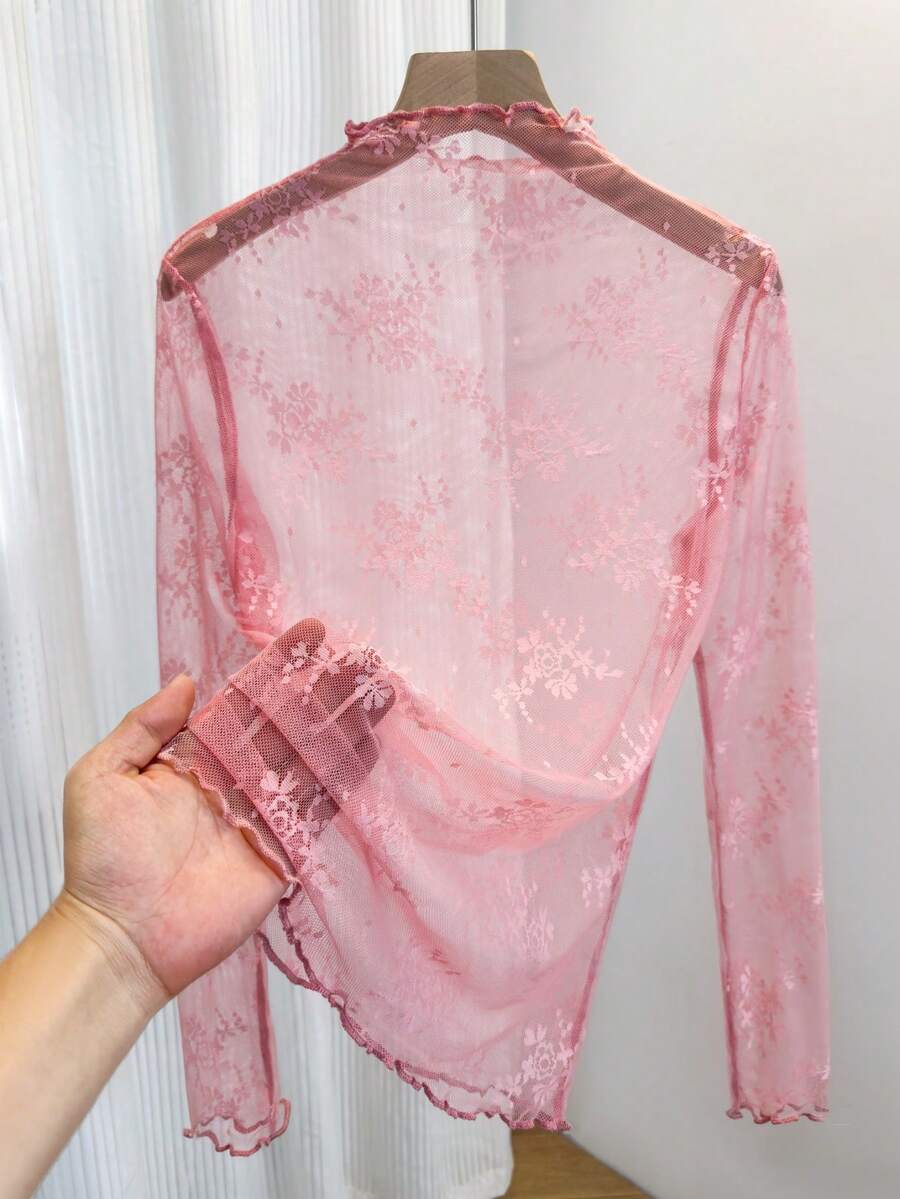 女款半高領蕾絲疊穿內搭上衣，2025春夏秋新款透視網紗打底衫，長袖薄紗