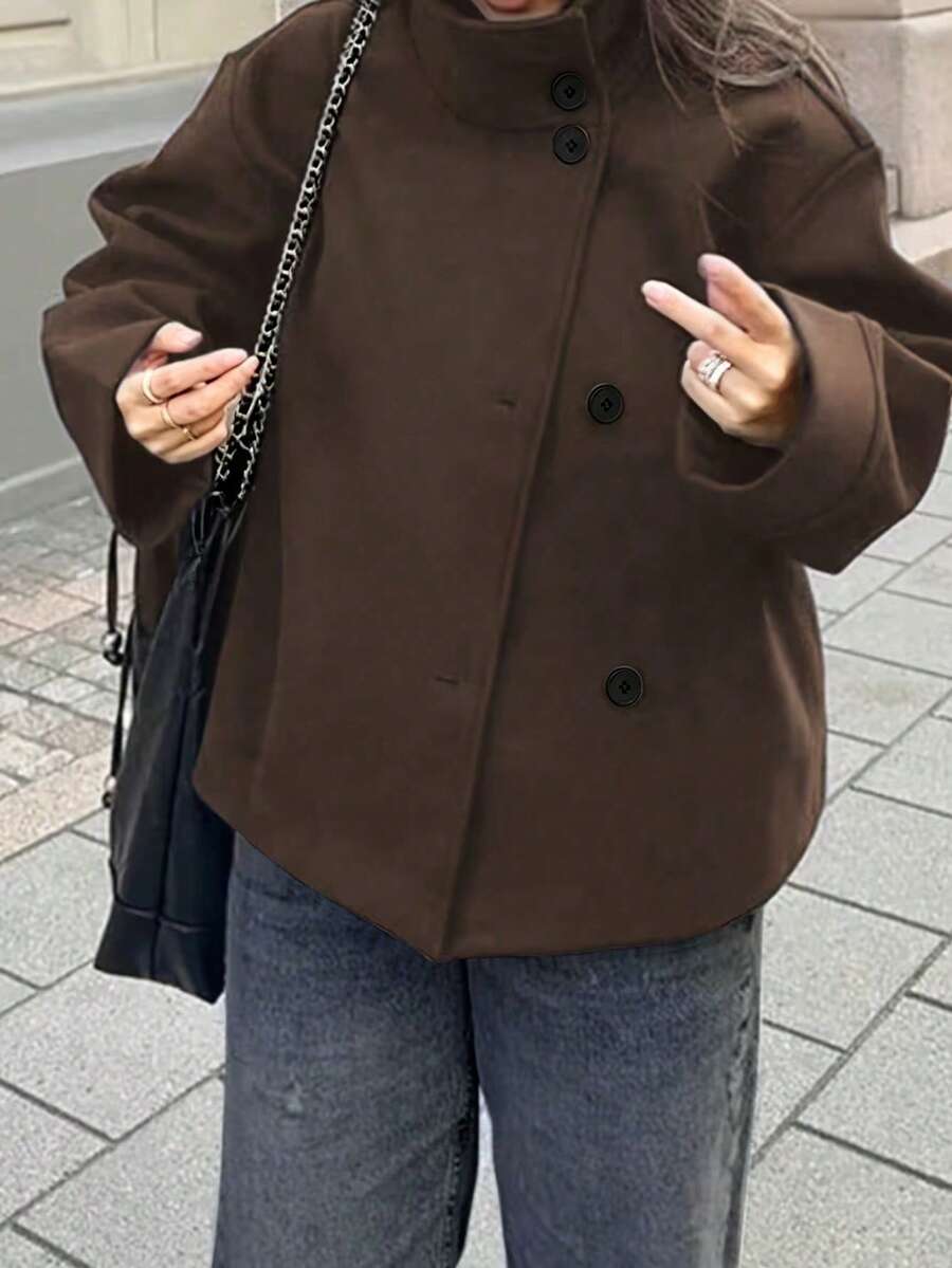 Women's Plus Size Funnel Neck Regular Sleeve Front Button Knit Cardigan, Autumn/Winter Essential. - Coffee Brown - View 1