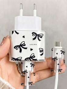 3pcs Black Bow Print EU Standard Charger Protective Case, Transparent Full Coverage Anti-Scratch Shell, Data Cable Anti-Cracking Highly Attractive Ballet Style Protective Case, Dustproof Shockproof Student Girl Practical Gift, Healing Commute Charging Accessory Festival Gift Choice - Black Bow [EU Plug] - View 2
