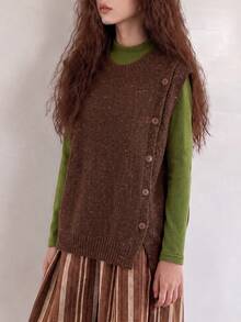 Women's Knitted Round Neck Button Decor Sweater Vest, Fashion Regular Length Sleeveless Top, Slightly Elastic Fabric, Creating Modern Decadent Style Look - Coffee Brown - View 4