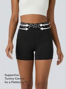 Letter Print Waistband Sports Shorts, Side Pockets High Elastic Tummy Control Fitness Workout Cycling Shorts - Black - View 6