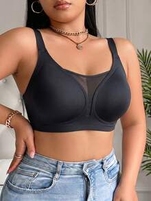Plus‑Size Seamless Wire‑Free Bra, Linear Print Breathable V‑Neck With Adjustable Wide Straps, Comfort Daily Women's Underwear - Black - View 3