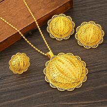 Saudi Arabia Classic Golden Color Women's Jewelry Set 3pcs Pendant Necklace Earrings Ring Bride Wedding Luxury Jewelry Gift - A - View 12