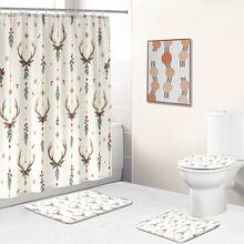1pc/4pcs Deer Horn & Red Berry Hanging Branch Pattern Multi-Functional Bathroom Decor Shower Curtain Set, Free 12 Hooks, Premium Holiday Atmosphere, Bathroom Mat, U-Shaped Bath Mat And Round Toilet Lid Cover, Suitable For All Scenes Decoration, Bathroom Set - Antler Red Fruit Dangle Branch - View 7