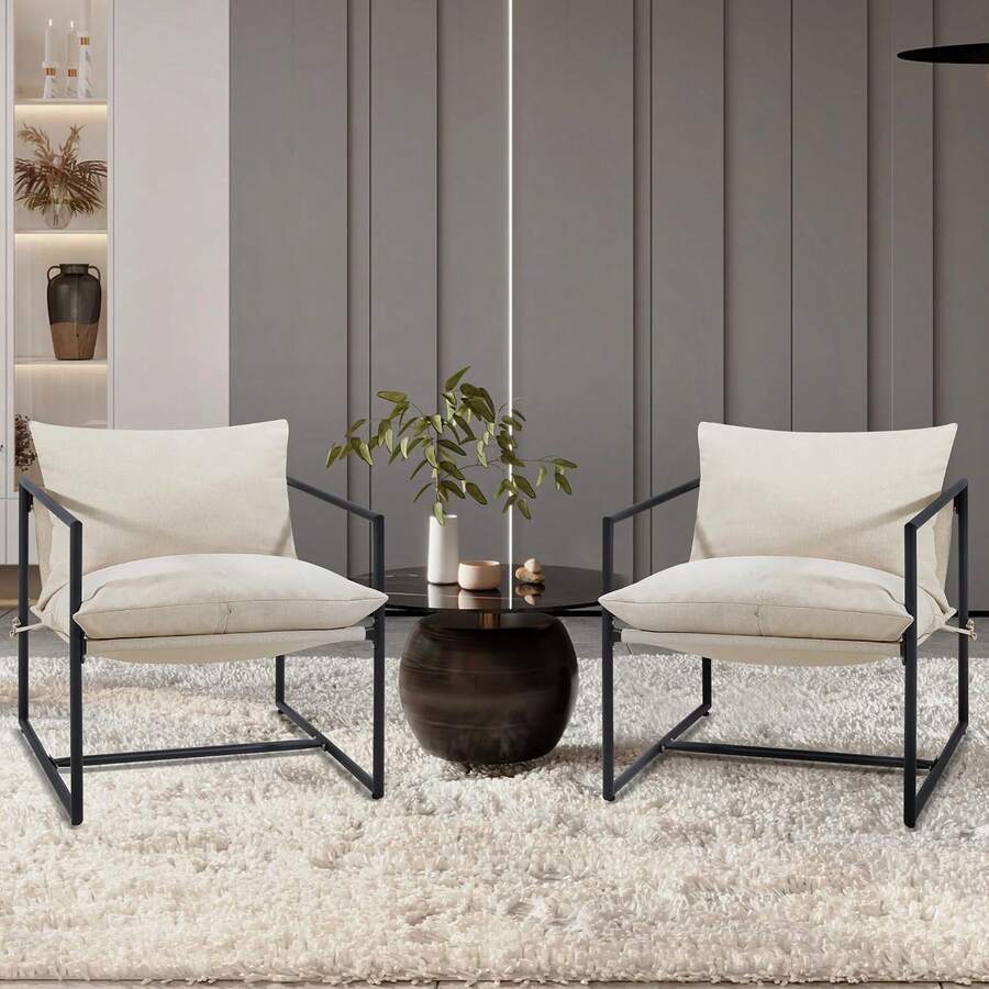 Juego de 2 Sillas Acentadas Beige 70.1x70.1x82 cm | Sillas de Salón con Marco de Metal Cuadrado Negro y Cojín Suave Tapizado de Espuma | Diseño Moderno Minimalista para Sala de Estar y Recámara | Fácil de Armar - Beis - Ver 1