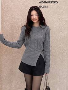 Women's Solid Color Cable Knit Split Hem Crew Neck Long Sleeve Sweater Base Layer For Winter - Grey - View 8