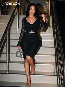 NEW IDEA Women Sexy Y2K Black Fall Winter Two‑Piece Set, Ruffle V‑Neck Flare Lace Crop Top & Knee Length Shorts Set For Night Out, Party, Club, Date - Black - View 4