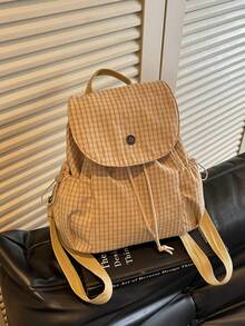 Cream Checked Gingham Print Rucksack, Drawstring Flap Design Large Capacity, For School Daily Travel, Round Metal Buckle Casual Bookbag - Multicolor - View 5
