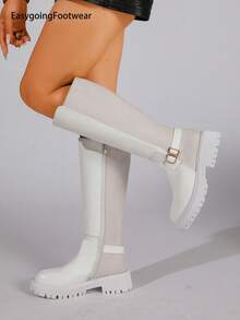 Women's Patchwork Fabric Metal Buckle Decor Side Zipper Gear Thick Sole Fashion Long Boots - White - View 5