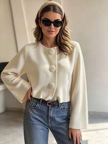Women's Autumn/Winter French Gentle Style Round Neck Large Button Knit Cardigan, Loose Long Sleeve Bell Sleeve Elegant Versatile Crop Top - Off-white - View 2