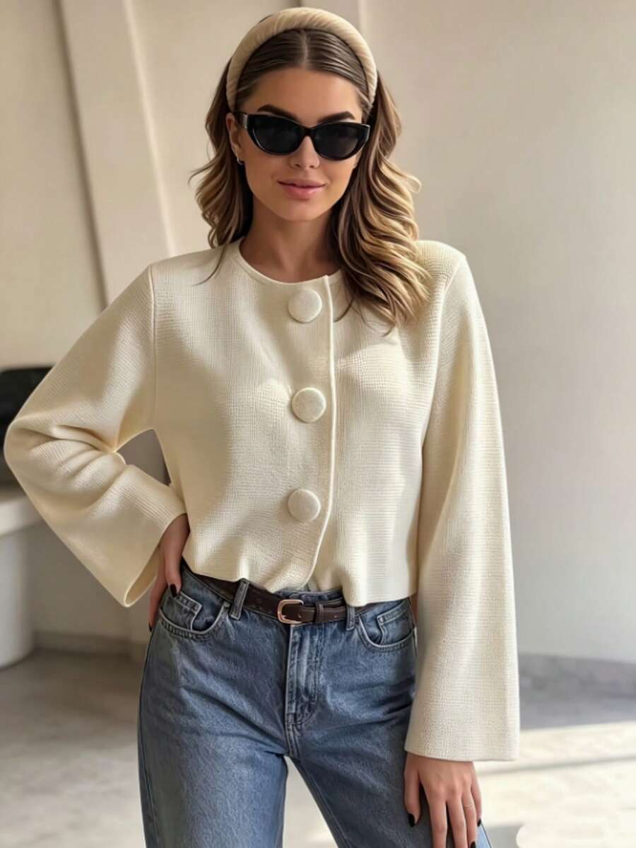 Women's Autumn/Winter French Gentle Style Round Neck Large Button Knit Cardigan, Loose Long Sleeve Bell Sleeve Elegant Versatile Crop Top