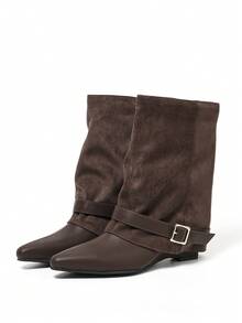 DENGWEISI Brown Patchwork Slip-On Mid-Calf Boots With Wedge Heel, Mid Heel, Square Toe, Strap Buckle, European And American Fashion Western Style, Casual Versatile For Vacation, Office, Commute, Daily Wear, Spring And Autumn - Coffee Brown - View 3