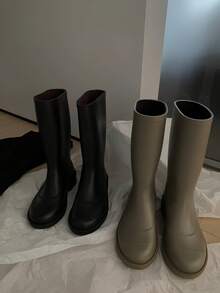 Women's Rubber Rain Boots, High Shaft, Smooth Surface, Non-Slip Thick Sole, Waterproof, Simple Design, Practical Boots For Rainy Days - Olive Green - View 2