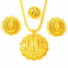 Saudi Arabia Classic Golden Color Women's Jewelry Set 3pcs Pendant Necklace Earrings Ring Bride Wedding Luxury Jewelry Gift - A - View 7