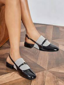 Women's Fashion Slingback Round Toe Colorblock Flat Shoes With Low Chunky Heel, Comfortable Backless Loafers For Outdoor, All Seasons, Commuting, Party, Holiday, Vacation - Black - View 1
