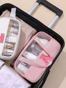 1pc Pink PU Leather Transparent Toiletry Bag, Portable Chenille Letter Storage Bag With Embroidered Letters, Makeup Bag, Wash Bag, Travel Bag, Bathroom Accessory, Suitable For Home, Outdoor, Daily Use. - Multicolor - View 12