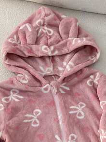 Cute Pink Bow Print Velvet Jumpsuit, Essential For Autumn/Winter Girls, Made Of Soft Fabric, Suitable For Casual Wear At Home Or As A Gift For Friends - Pink - View 5