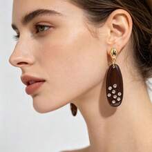 Deep Brown Oval Rhinestone Long Dangle Earrings - Brown - View 2