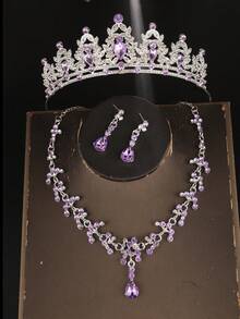 4pcs Elegant Rhinestone Queen Crown Necklace Set, Bridal Wedding Headpiece, Banquet Party Baroque Style Jewelry - Mauve Purple - View 2