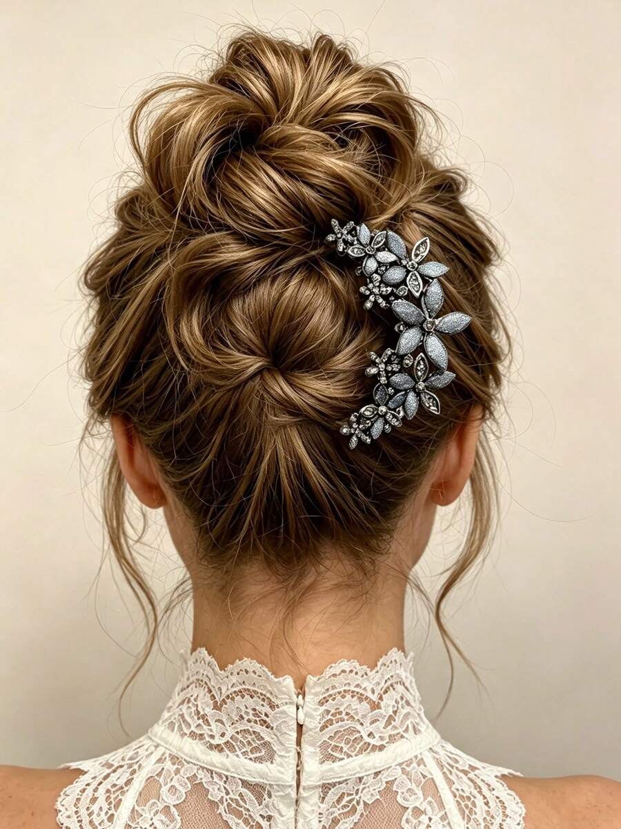 1pc Luxury Gun Gray Rhinestone Flower 4-Prong Hair Comb, Vintage Metal Hair Stick For Women's Back Head Bun Styling Hair Accessory - Multicolor - View 1