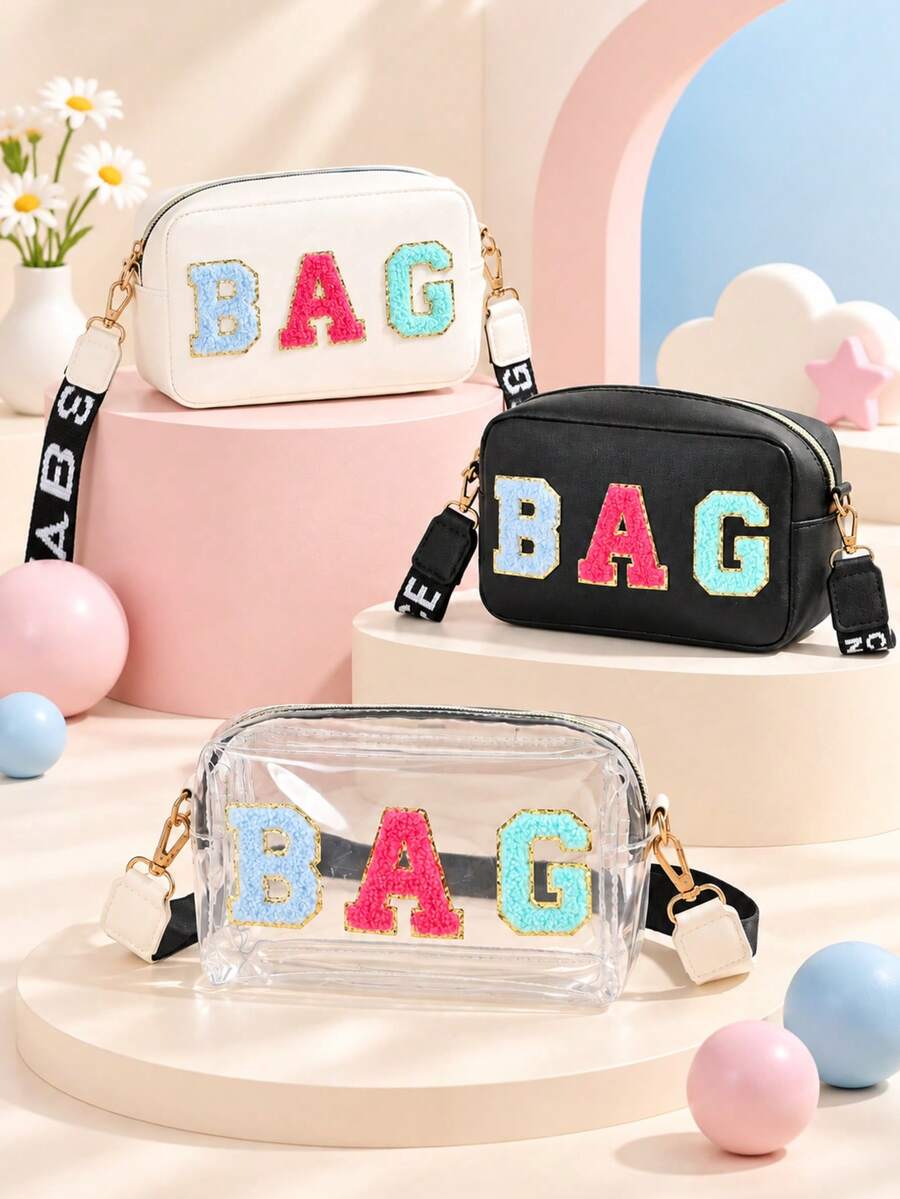 1pc Girls Fashion Suede Letter Decor Crossbody Bag, Detachable Letter Strap, Girl's Small Square Bag, Perfect Gift - Multicolor - View 1