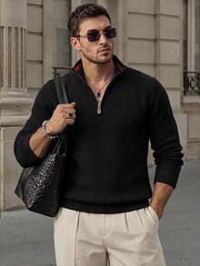 Men Old Money Heather Ribbed Knit Long Sleeve Top, Crew Neck Loose Fit Knitted Shirt, Preppy Layer Tee For Campus Daily & Holiday Vacation Outfits - Black - View 1