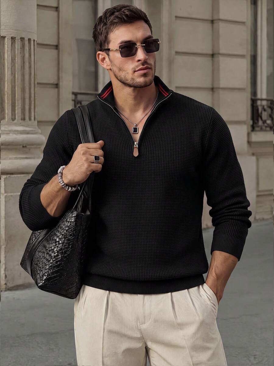 Men Old Money Heather Ribbed Knit Long Sleeve Top, Crew Neck Loose Fit Knitted Shirt, Preppy Layer Tee For Campus Daily & Holiday Vacation Outfits - Black - View 1