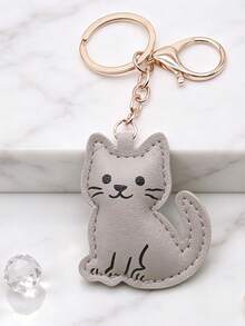 4 Colors Available: Brown/Beige/Pink/Grey, Cute PU Leather Cat Keychain, Cartoon Novelty Cat Bag Charm, Women's Car Key Accessory, Fun Gift For Family And Friends - Multicolor - View 14