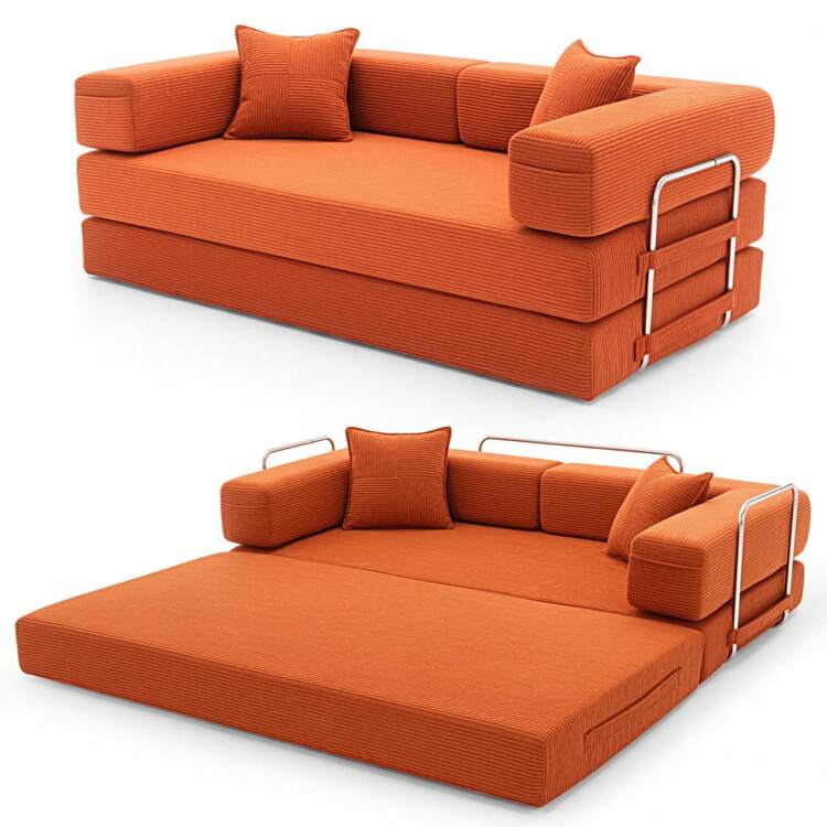 3-Seater Foldable Sofa Bed, 78'' Convertible Sleeper Sofa, Spring Folding Floor Couch With With Pillow Back Support Armrest, 4-In-1 Futon Sofa Bed For Living Room - Orange - View 10