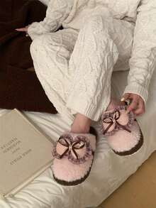 XIXITIAO Cute Sweet Bow Closed Toe Slippers, Plaid Pattern Warm Comfortable House Slippers - Pink - View 8