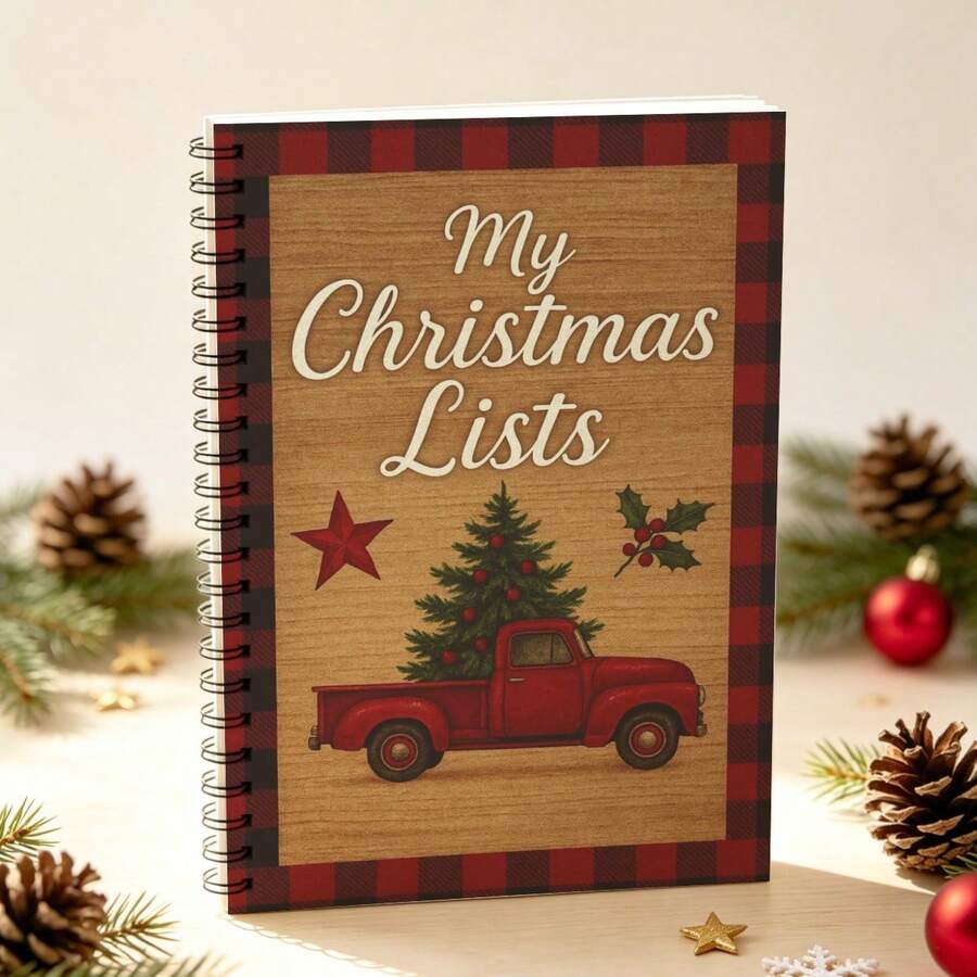 1Pc A5 My Christmas Lists Spiral Bound Notebook, Notepad, Farmhouse Xmas Truck Art Print, Holiday Planner Notebook - A5 - View 1