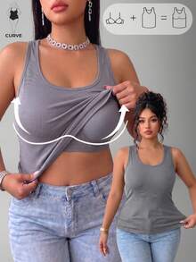 Plus Size Built In Bra Cami Ribbed Tank Top Scoop Neck Women Solid Color Everyday Basic Underwear Comfort Innerwear - Grey - View 1