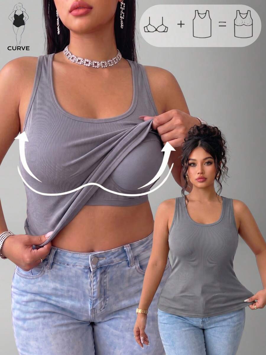 Plus Size Built In Bra Cami Ribbed Tank Top Scoop Neck Women Solid Color Everyday Basic Underwear Comfort Innerwear - Grey - View 1